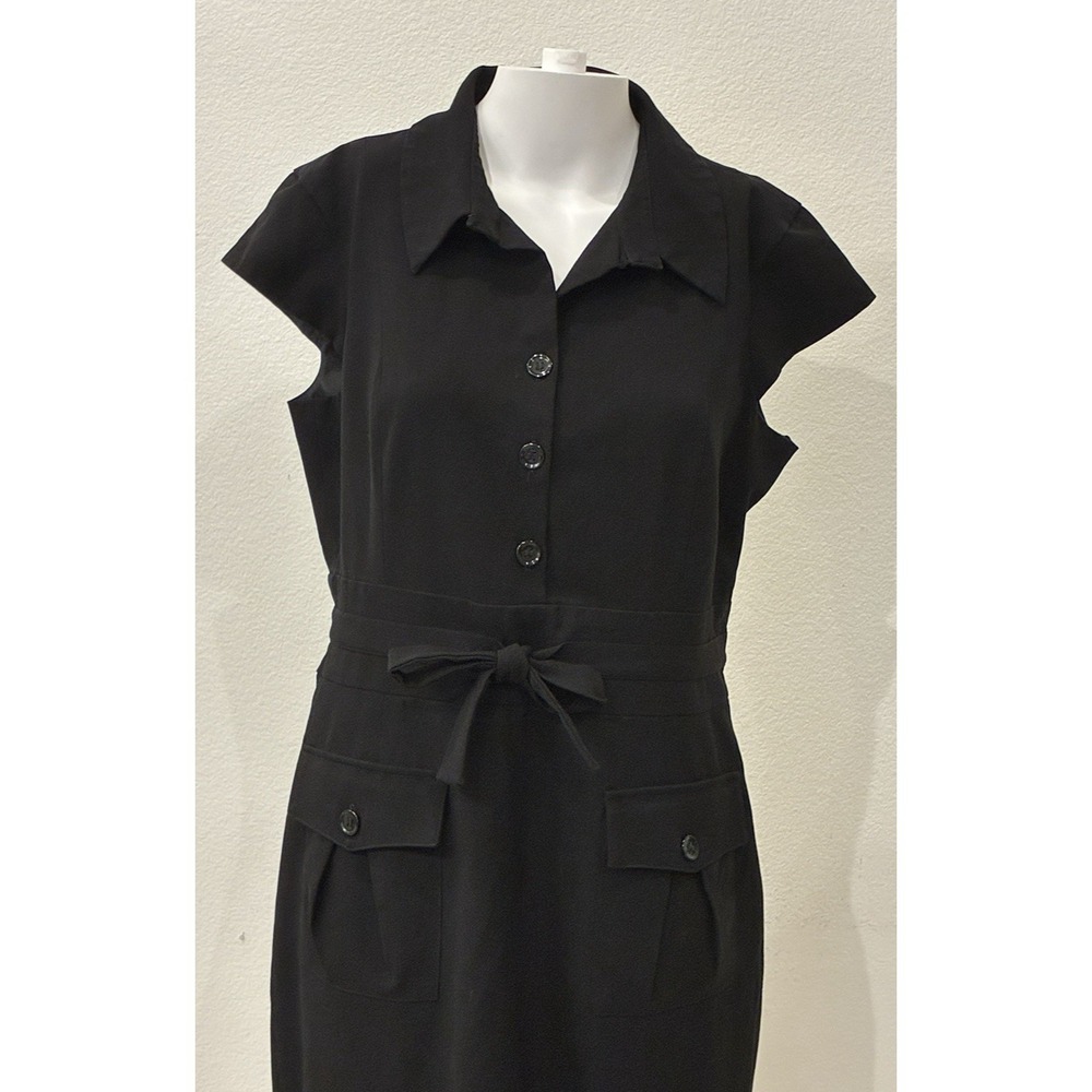 Calvin Klein Black Belted Sheath Dress 12 Collared Cap Sleeve Minimalist Capsule